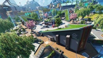 لقطة شاشة من الموسم 27 من Apex Legends تُظهر منطقة ممهدة من الخريطة مع أسطح عشبية وأشجار كرز مُزهرة