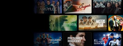 Grille de plusieurs titres proposés dont Argylle, Sugar, Dark Matter, Monarch - Legacy of Monsters, Masters of the air, Ted Lasso, Presumed Innocent et Friday Night Baseball