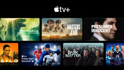 Collection of thumbnails for several TV shows, including: Monarch - Legacy of Monsters, Masters of the air, Presumed Innocent and Dark Matter, with the Apple TV logo at the top