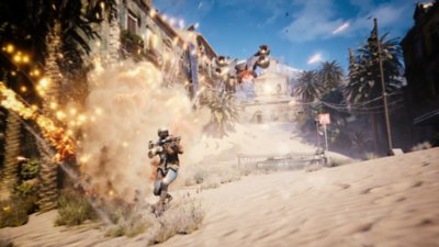 Snímek obrazovky ze hry ARC Raiders zobrazující nájezdníka sprintujícího mezi střelbou a explozemi.