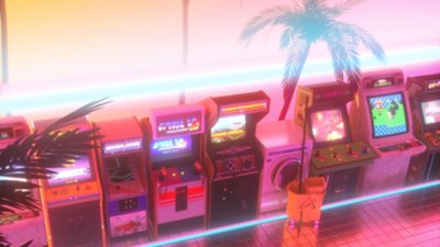 Arcade Paradise - Illustrazione eroe che mostra una fila composta da svariati cabinati di gioco retrò e una sola lavatrice