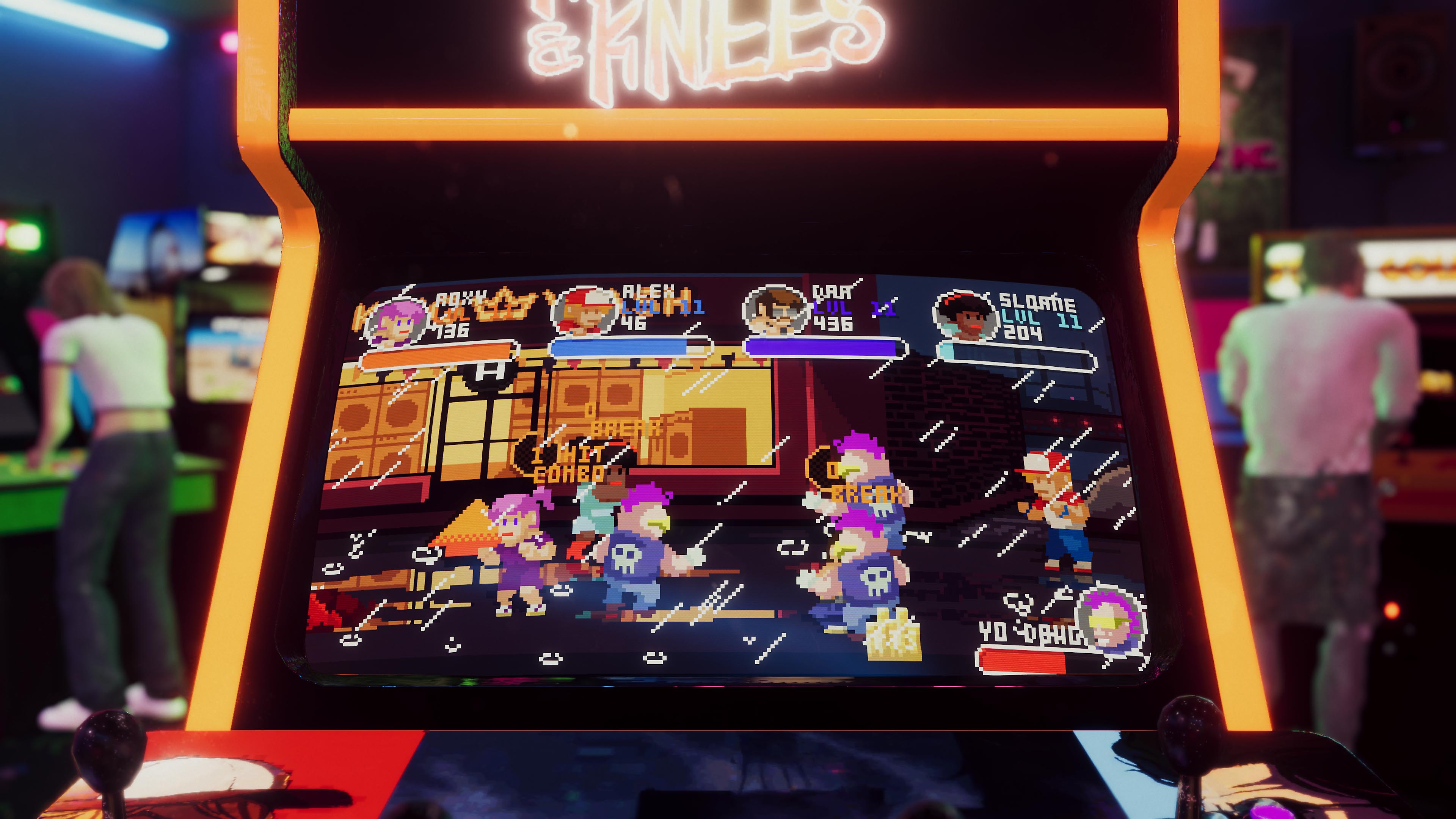 Arcade Paradise – snímek obrazovky zobrazující videoherní automat s retro hrou