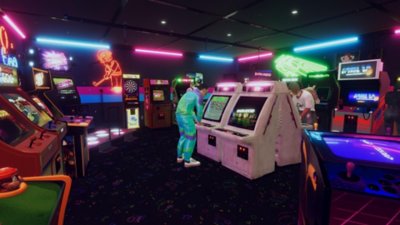 Skjermbilde fra Arcade Paradise av en spillehall fra nittitallet med blå og rosa neonlys.