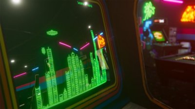 Екранна снимка на Arcade Paradise, показваща шкаф за игри с ретро аркадна игра