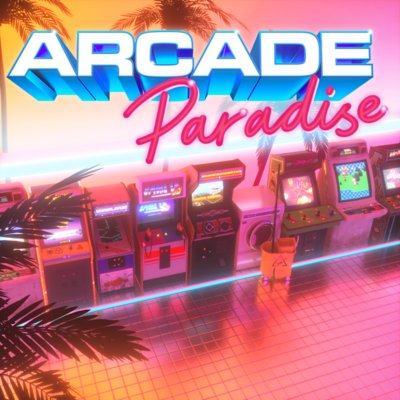 Arcade Paradise – keyart på en spelhall med flera upplysta spelskärmar.