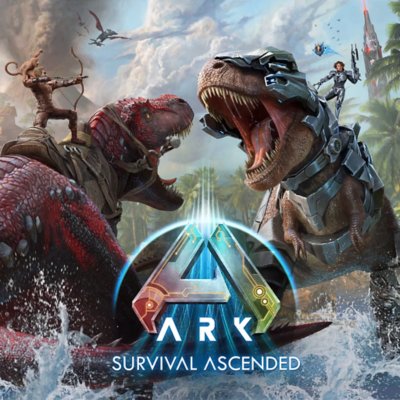 ARK: Survival Ascended key art showing two dinosaurs fighting.