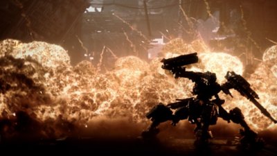 Armored Core VI Fires of Rubicon – kuvakaappaus räjähdysten ympäröimästä mechasta