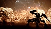 《機戰傭兵VI 境界天火》螢幕截圖，展示一個周圍盡是爆炸場面的機甲。