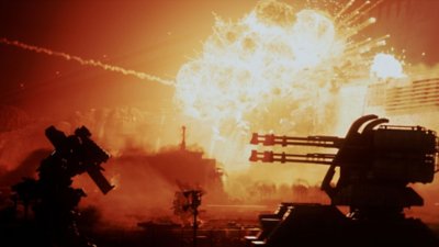 Armored Core VI Fires of Rubicon - Istantanea della schermata che mostra postazioni di armi contraeree sotto attacco