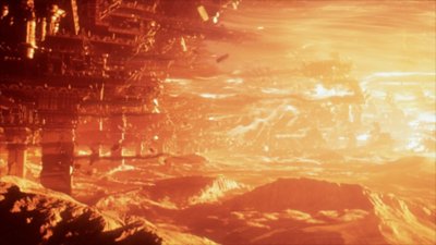 Captura de ecrã de Armored Core VI Fires of Rubicon que mostra um planeta engolido pelas chamas