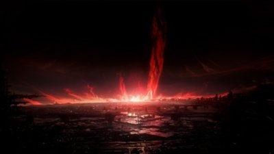Captura de ecrã de Armored Core VI Fires of Rubicon que mostra uma misteriosa luz vermelha que emana da superfície de um planeta