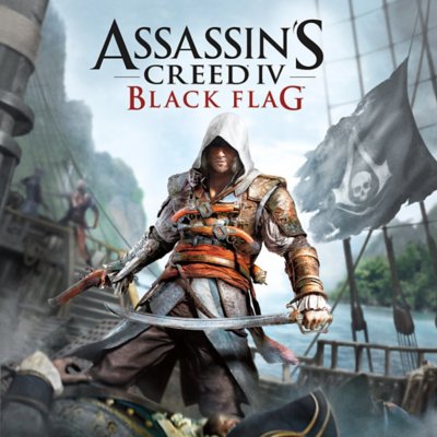 Assassin's Creed Black Flag fő grafika – csuklyás, páncélt viselő pózoló karakter fegyverekkel.