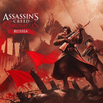 Assassin's Creed Chronicles: Russia fő grafika – vörös zászlók előtt álló, lőfegyvert tartó karakter.