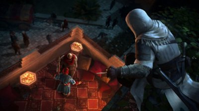Assassin's Creed Mirage – Capture d'écran montrant Basim qui suit les moindres faits et gestes de sa proie qui ne se doute de rien depuis un toit