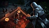 Assassin's Creed Mirage ekran görüntüsü, Basim'in bir çatıdan tehlikenin farkında olmayan avını takip ettiğini gösteriyor