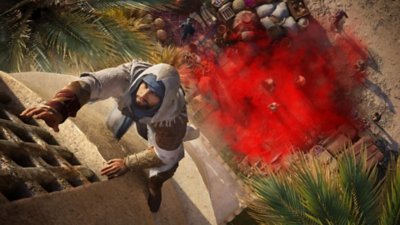 Assassin's Creed Mirage - captura de tela mostrando Basim escalando uma torre alta com um comerciante abaixo, apontando para ele