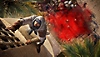 Assassin's Creed Mirage – zrzut ekranu przedstawiający Basima wspinającego się na niebezpiecznie wysoką wieżę i kupca poniżej wskazującego na niego