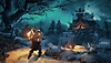 Assassin's Creed Valhalla - Captura de tela mostrando o protagonista segurando um machado sobre o ombro e observando a aurora boreal