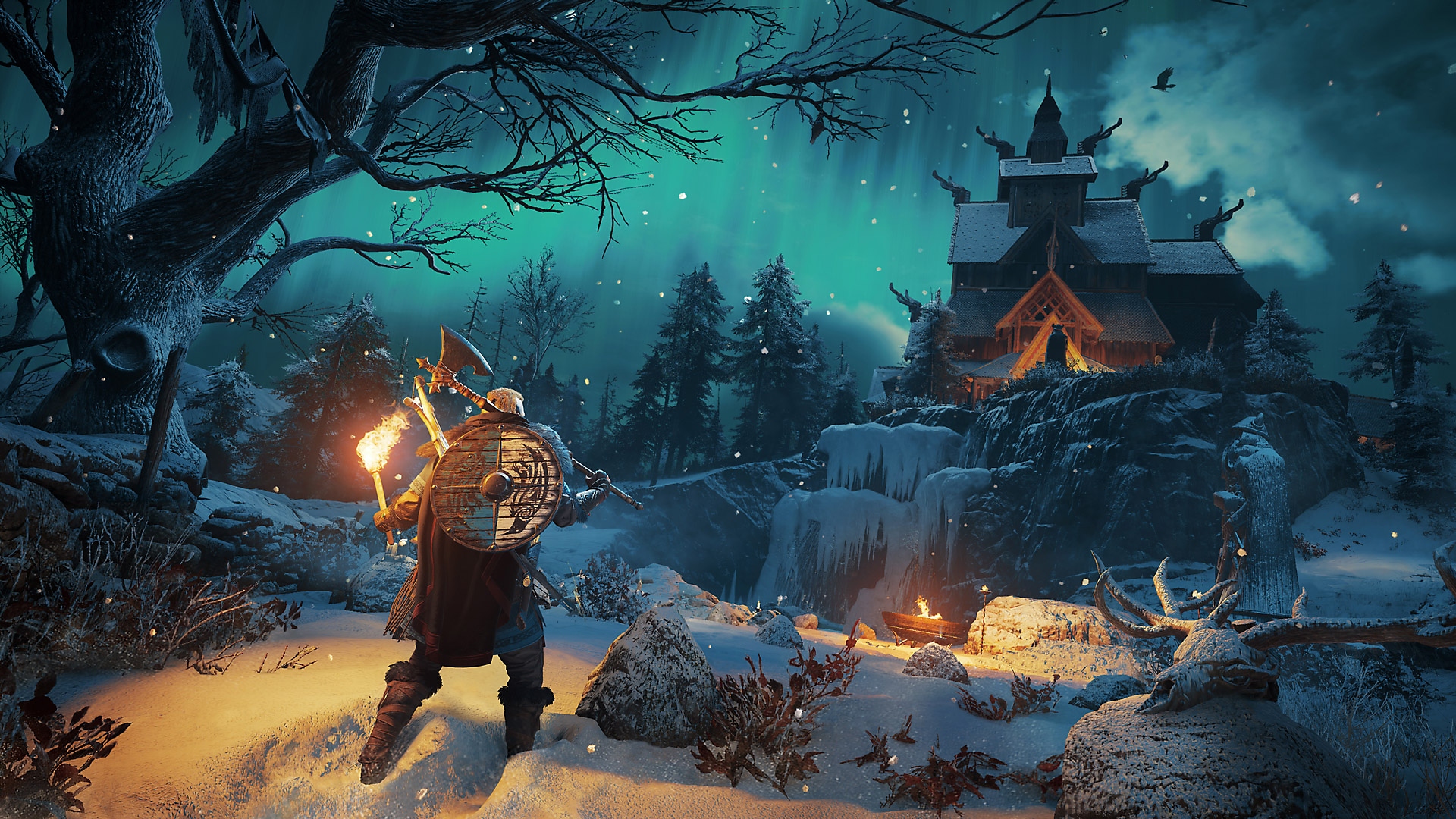 Assassin's Creed Valhalla screenshot showing main character holding axe over shoulder looking up at Northern Lights in the sky