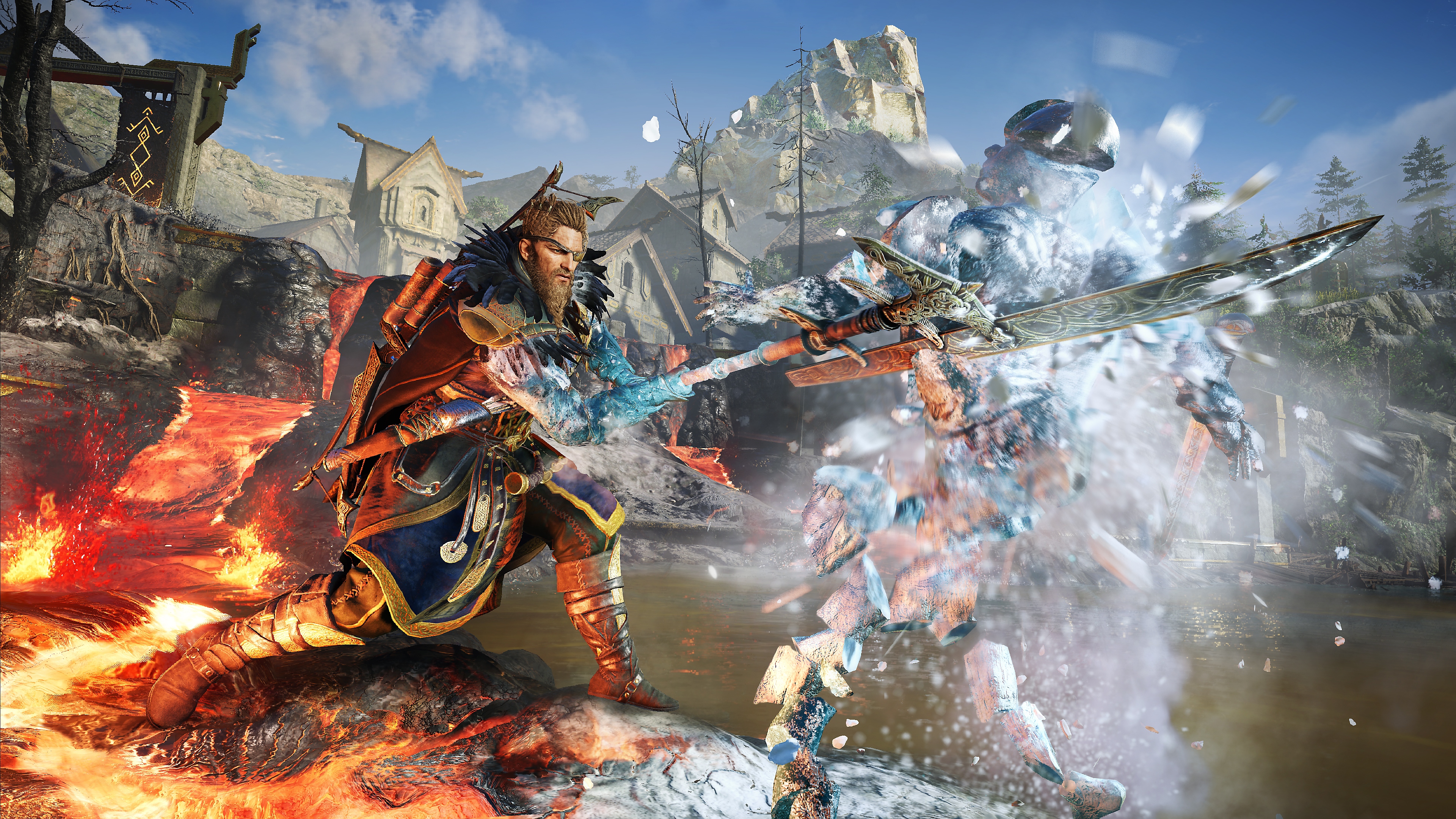 Captura de pantalla de Assassin's Creed Valhalla Dawn of Ragnarok que muestra al personaje principal haciendo pedazos a un enemigo de hielo con una lanza