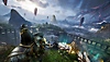 Snímek obrazovky ze hry Assassin's Creed Valhalla Dawn of Ragnarök zobrazující hlavní postavu pozorující dramatickou krajinu