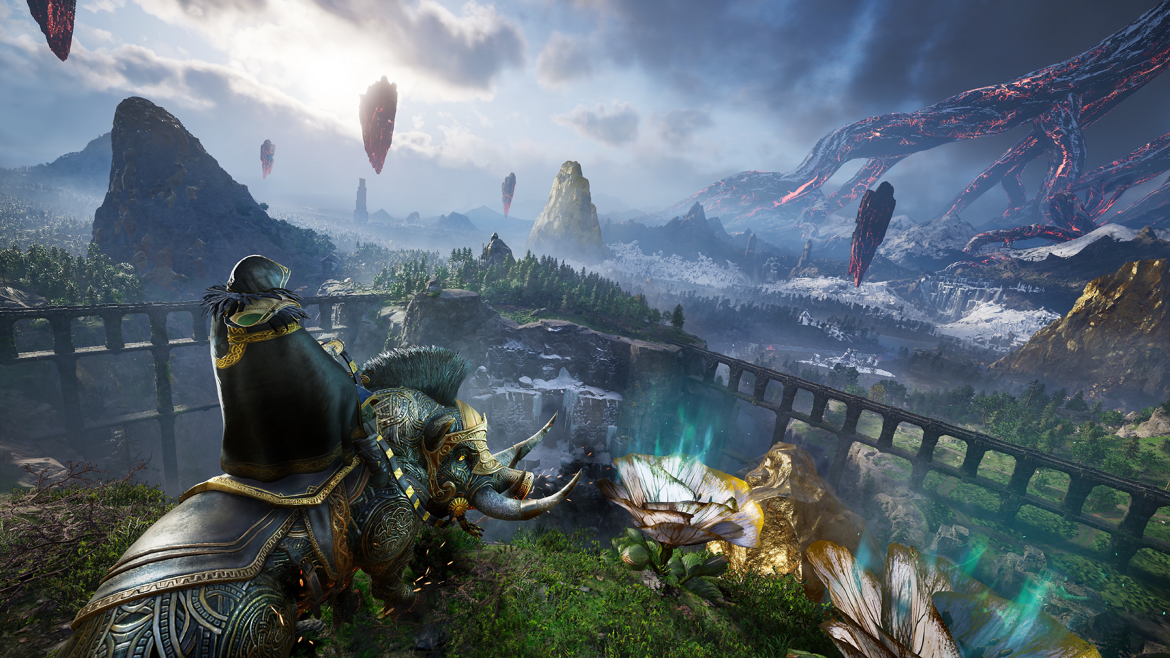 Screenshot von Assassin's Creed Valhalla: Die Zeichen Ragnaröks mit dem Hauptcharakter, der auf einem wildschweinähnlichen Reittier sitzt und auf eine spektakuläre Landschaft blickt