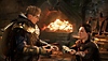 Assassin's Creed Valhalla : L'Aube du Ragnarök - Capture d'écran du personnage principal qui obtient un objet auprès d'un allié nain