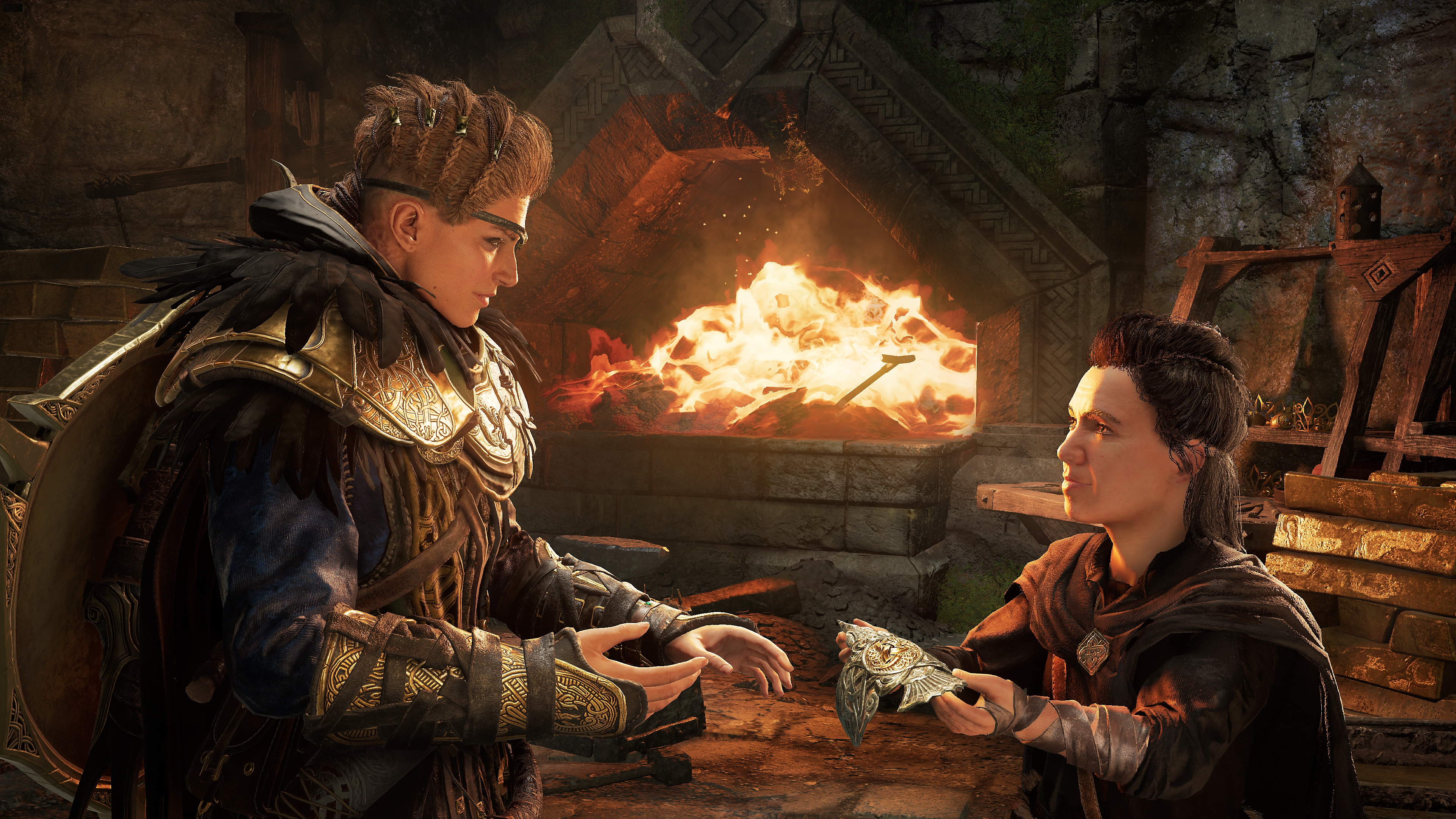 Assassin's Creed Valhalla Dawn of Ragnarok screenshot showing the main character obtaining an item from a dwarven ally