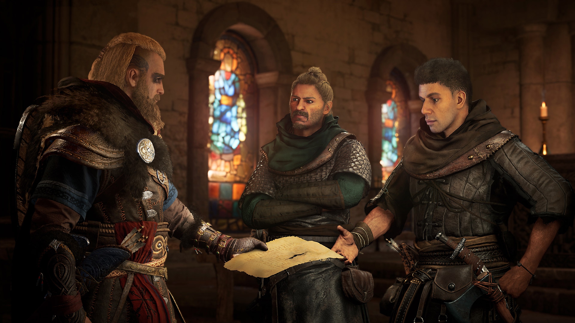 Assassin's Creed Valhalla 스크린샷, 스테인드 글라스의 창이 있는 교회에 서 있는 캐릭터들
