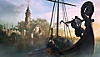 Assassin's Creed Valhalla screenshot showing characters on viking ship sailing towards land