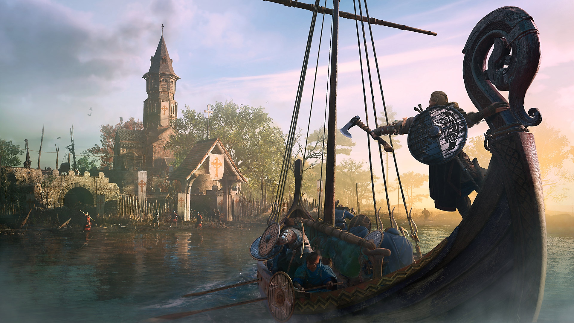 《刺客信条：英灵殿》截屏，展示角色在维京战船上向陆地划行