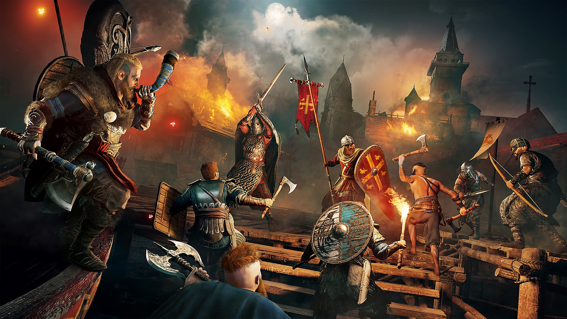 Snímka obrazovky z hry Assassin's Creed Valhalla zobrazujúca mnoho nehrateľných postáv v bitke