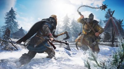 アサシン クリード ヴァルハラ スクリーンショット 頭上で武器を振り回す敵に突撃される主人公