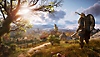 Captura de pantalla de Assassin's Creed Valhalla que muestra al personaje principal mirando un paisaje campestre