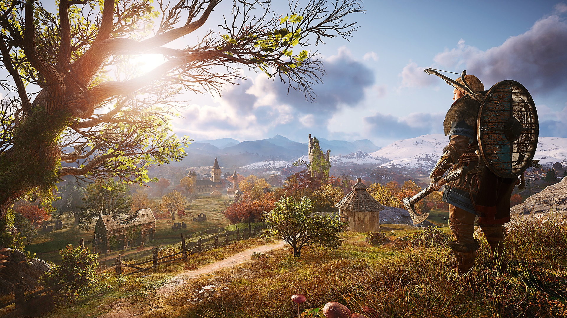 Assassin's Creed Valhalla screenshot showing main character looking across a countryside landscape