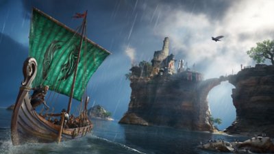 Assassin's Creed Valhalla screenshot showing character on viking ship looking up at a building on a raised island