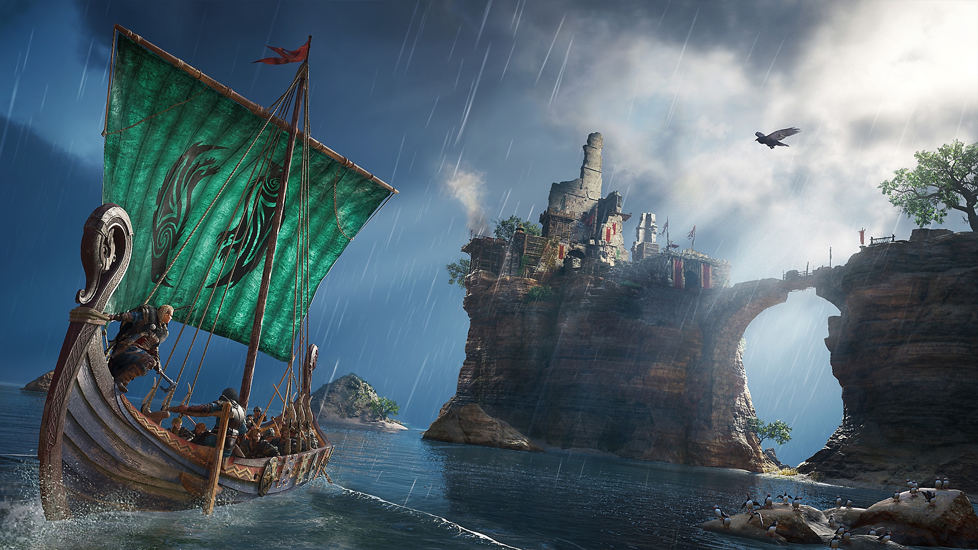 Assassin's Creed Valhalla screenshot showing character on Viking ship looking up at a building on a raised island