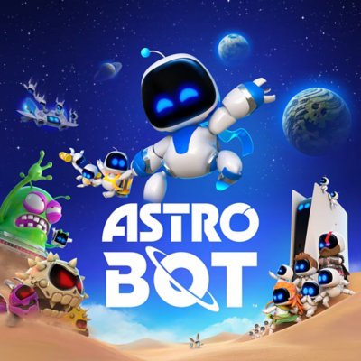 Astro Bot - Illustration de jaquette montrant Astro, des adversaires et divers bots