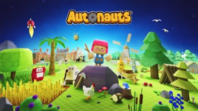 Autonauts key art featuring main character standing on a large rock in the middle of verdant landscape.