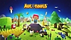 Autonauts key art featuring main character standing on a large rock in the middle of verdant landscape.