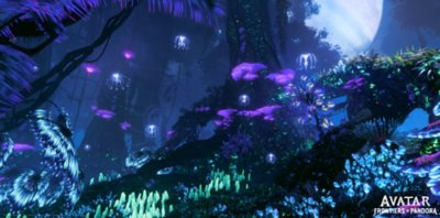 Captura de tela de Avatar: Frontiers of Pandora mostrando um ambiente bioluminescente