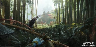 Avatar: Frontiers of Pandora screenshot showing a first-person perspective with the protagonist wielding a bow