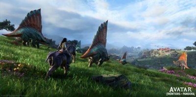 Avatar: Frontiers of Pandora screenshot showing a Na'vi riding a horse-like creature across a green landscape