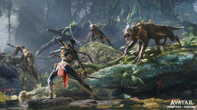 Captura de pantalla de Avatar: Frontiers of Pandora mostrando un enfrentamiento contra bestias