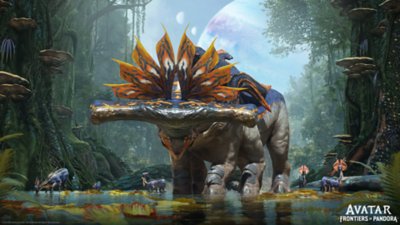 Screenshot von Avatar: Frontiers of Pandora, der ein Monster von Pandora im Dschungel zeigt