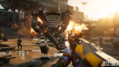 Avatar: Frontiers of Pandora screenshot showing a fight against a RDA mech