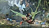 Captura de ecrã de Avatar: Frontiers of Pandora que mostra um navi a montar uma criatura alada