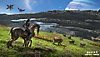 Avatar: Frontiers of Pandora screenshot showing a verdant field with a na'vi riding a creature