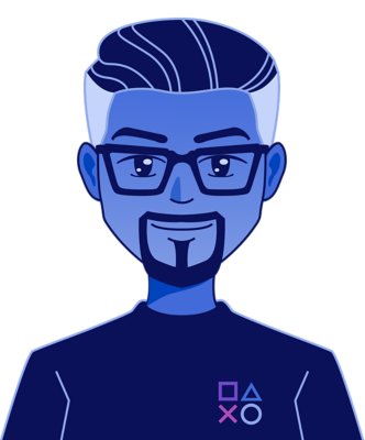 A human caricature portrait with a small smile, and PlayStation branded clothing.