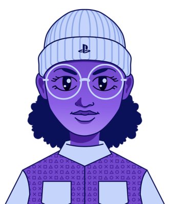A human caricature portrait with a small smile, and PlayStation branded clothing.